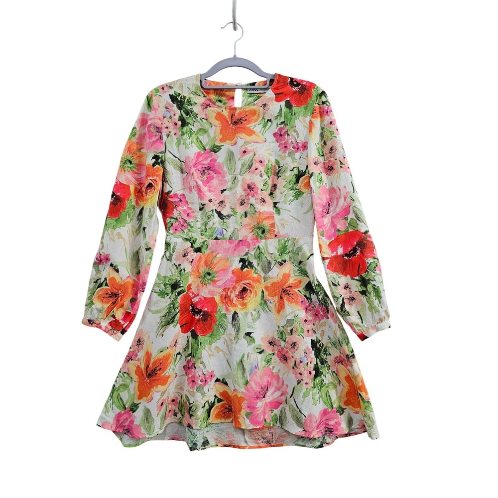 Zara Floral Mini Dress Womens Size S Multicolor Cut Out‎ Back Linen Blend Spring